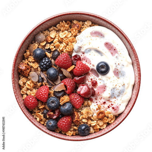 Bowl of Muesli with Yogurt, Berries, and Nuts, Isolated on Transparent Background