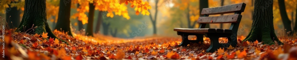Rustic wooden bench amidst vibrant autumn leaves , november, orange, foliage Rustic wooden bench amidst vibrant autumn leaves , november, orange, foliage