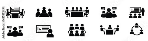 People meeting icon set business meetings presentation marketing teamwork management finance table