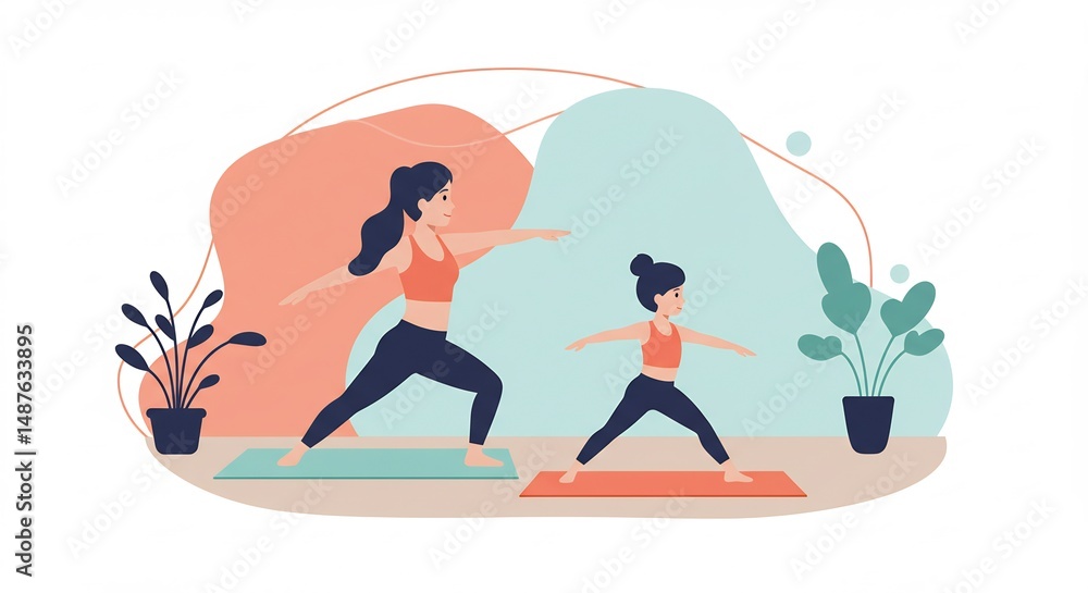 Fototapeta premium Woman and Child Practicing Yoga Poses on Exercise Mats