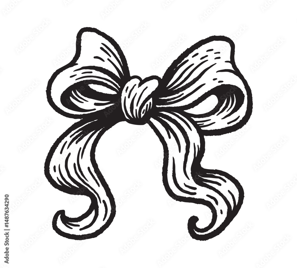 Obraz premium Black and white ribbon bow with vintage engraving texture. Bold handdrawn style, elegant and classic. Isolated on white background