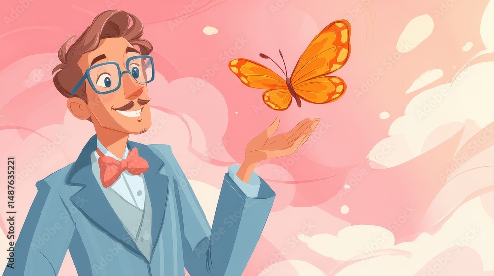 Smiling man in a suit, holding a butterfly in the air. Smiling man in a suit, holding a butterfly in the air.