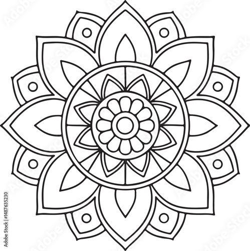 Printable Floral Mandala – Symmetrical Black and White Line Art