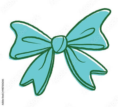 Hand-drawn turquoise bow in cute cartoon style, decorative ribbon element for celebration design, isolated on white background