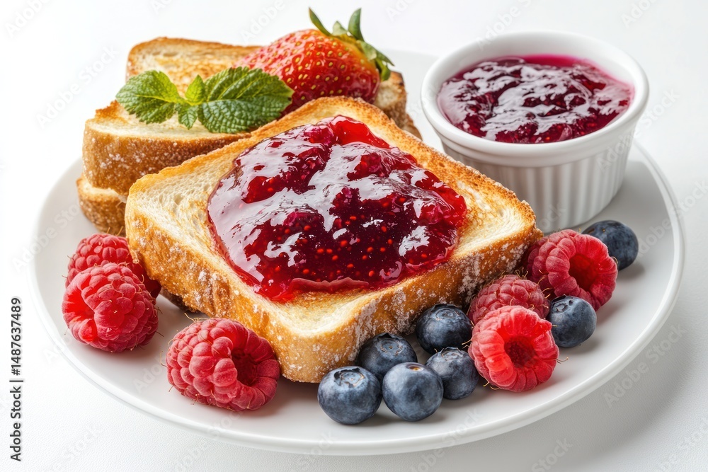 A breakfast spread featuring golden-brown toast slices topped with vibrant red strawberry jam, fresh blueberries, and raspberries A breakfast spread featuring golden-brown toast slices topped with vibrant red strawberry jam, fresh blueberries, and raspberries
