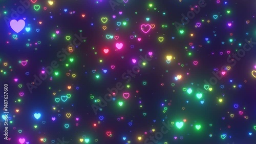 Flying In Field Of Dreamy Neon Vibrant Colorful Rainbow Love Hearts - 4K Seamless VJ Loop Motion Background Animation