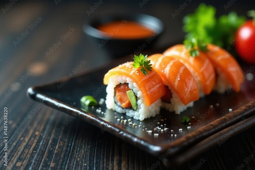 Elegant sushi arrangement, dark wood background, photography, texture, sushi Elegant sushi arrangement, dark wood background, photography, texture, sushi