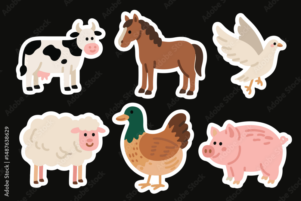 Obraz premium Farm Animals Cartoon Stickers Set Cow, Chicken, Duck, Horse, Pig, Sheep, Bird, Goose 