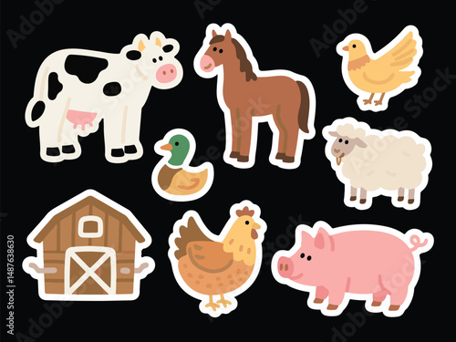Farm Animals Cartoon Stickers Set Cow, Chicken, Duck, Horse, Pig, Sheep, Bird, Goose	