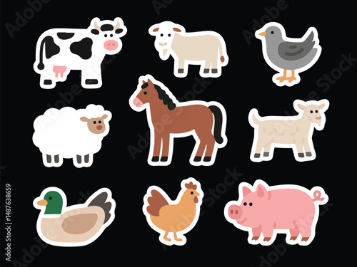 Farm Animals Cartoon Stickers Set Cow, Chicken, Duck, Horse, Pig, Sheep, Bird, Goose	