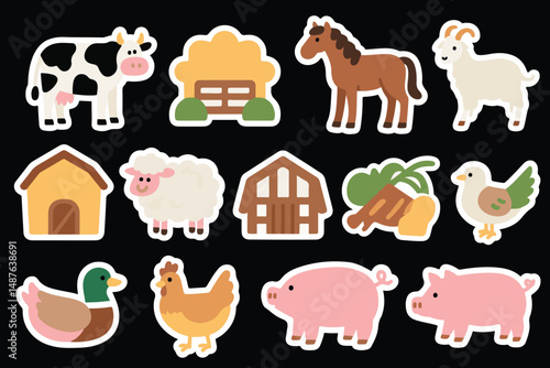 Farm Animals Cartoon Stickers Set Cow, Chicken, Duck, Horse, Pig, Sheep, Bird, Goose	