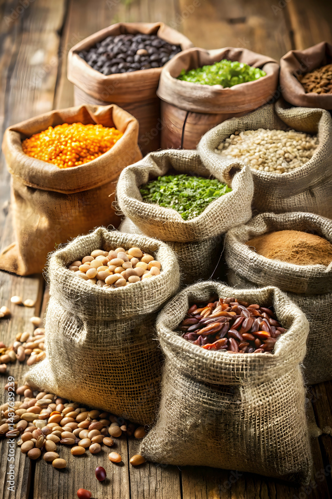 Fototapeta premium Seeds stored in sacks organic natural agriculture farming close-up