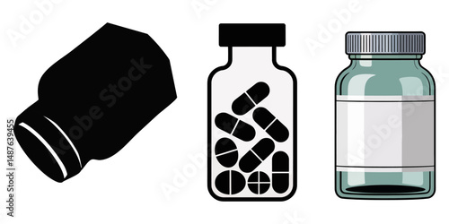 Pharmacy, medicine and healthcare types of medicaments, drugs, pills in yellow bottle. Flat vector illustration isolated. Healthcare items, medicament icon set. isolated vector pharmaceutical.