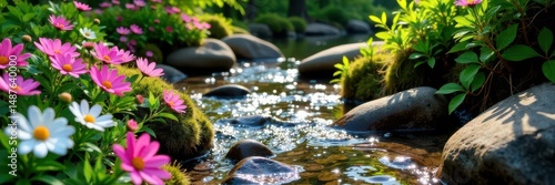Rustic wood board, river stones, cosmos, daisies, lush foliage , river, texture