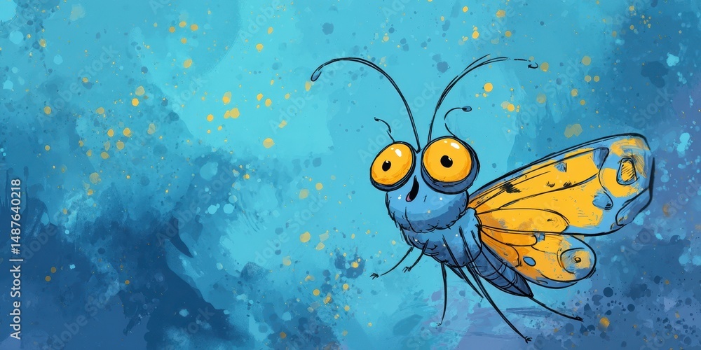 Fototapeta premium A whimsical, blue insect with yellow accents against a textured backdrop.