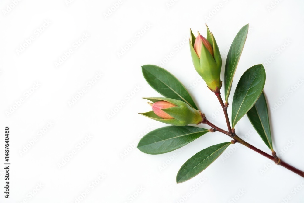 Fototapeta premium Single eucalyptus branch, white background, left space, grey-green, banner, australian