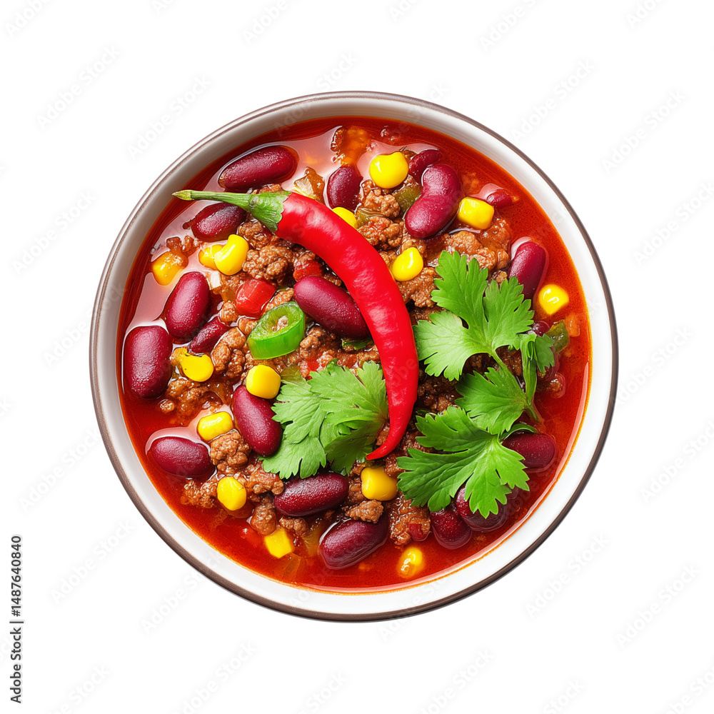 Bowl of chili con carne with beans, corn, and red chili pepper isolated on white background