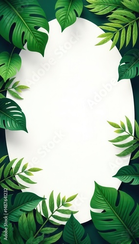 Vibrant round frame of lush jungle leaves Trendy design , tropical, birthday, design
