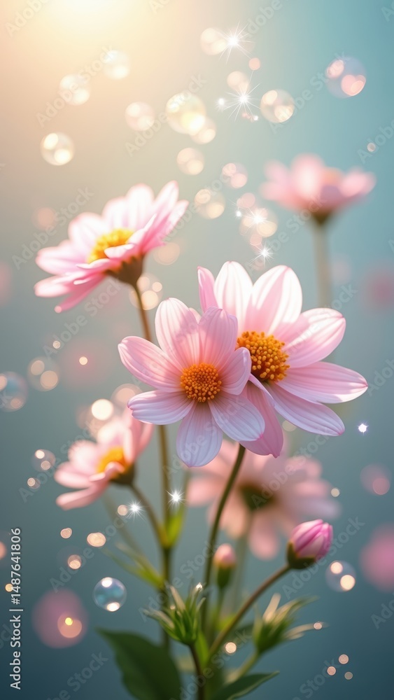 Naklejka premium Pink flowers with bubbles in the air