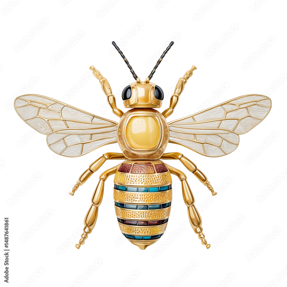 Golden decorative bee ornament isolated on white background
