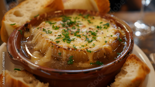 Three bowls of delicious french onion soup topped with melted cheese and croutons, ready to be served Golden gruyere blanket covers classic french onion soup, baguette nestles beside, Generative AI