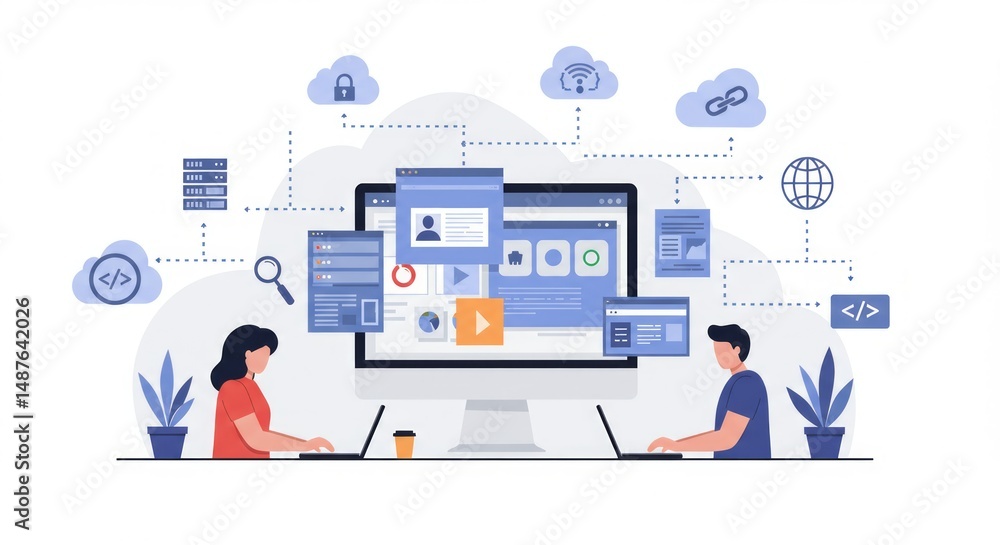 Two people working on computers, connected to a network Two people working on computers, connected to a network