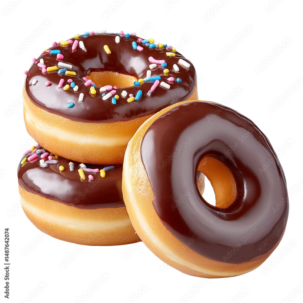 Chocolate glazed donuts with sprinkles isolated on white background