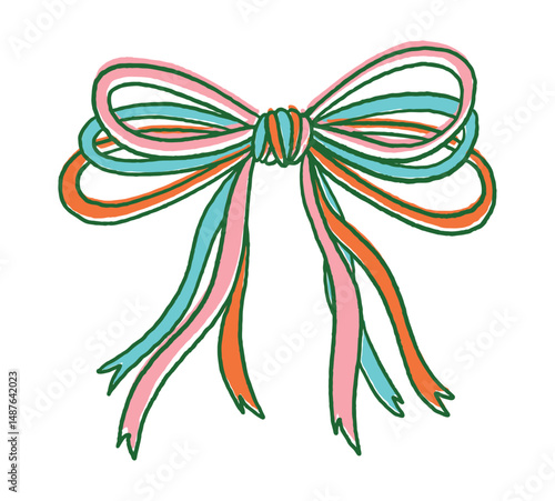 Bright colorful hand-drawn bow with long multicolor ribbons in cartoon doodle style, playful design, isolated on white background