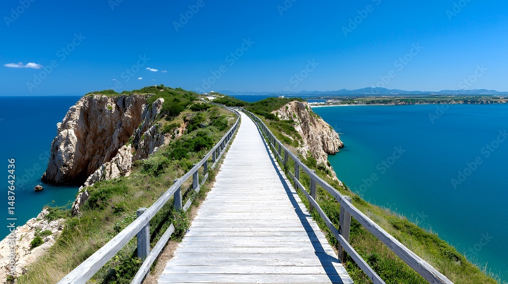 Obraz premium Wooden Walkway Over Ocean with Blue Sky