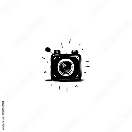 Stylized monochrome camera illustration radiating creative energy and photographic allure