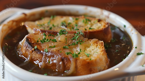 Three bowls of delicious french onion soup topped with melted cheese and croutons, ready to be served Golden gruyere blanket covers classic french onion soup, baguette nestles beside, Generative AI