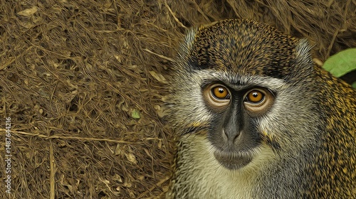 Monkey gazing at the scenic forest floor enriched