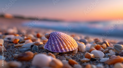 Seashell on Pebble Beach at Sunset