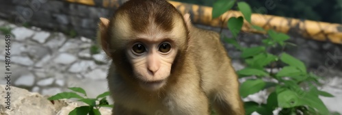 Young monkey standing on rocks surrounded by greenery