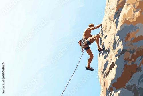 Realistic vector design of a free climber scaling a cliff face, with sharp rock details and realistic shading, natural tones and soft highlights, natural color, minimalism, stock vector