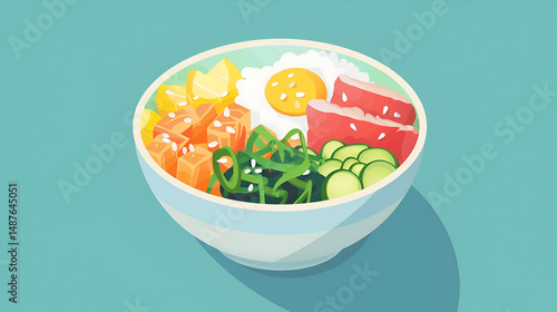 Vegan poke bowl featuring a quinoa base with fresh vegetables and tofu on a white background, emphasizing healthy eating and plant-based cuisine, Generative AI