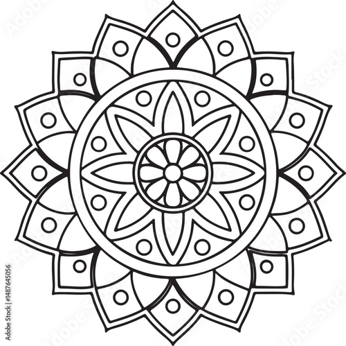 Printable Floral Mandala – Symmetrical Black and White Line Art 70
