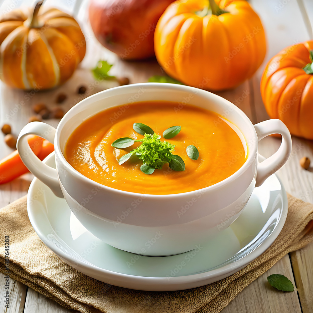 Pumpkin soup in a transparent ceramic bowl served as a warm seasonal comfort food meal Pumpkin soup in a transparent ceramic bowl served as a warm seasonal comfort food meal