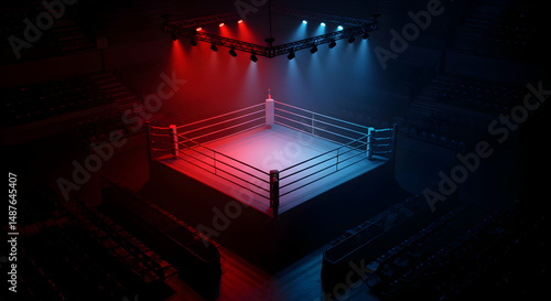 aerial view of an empty boxing ring blue and red color light team