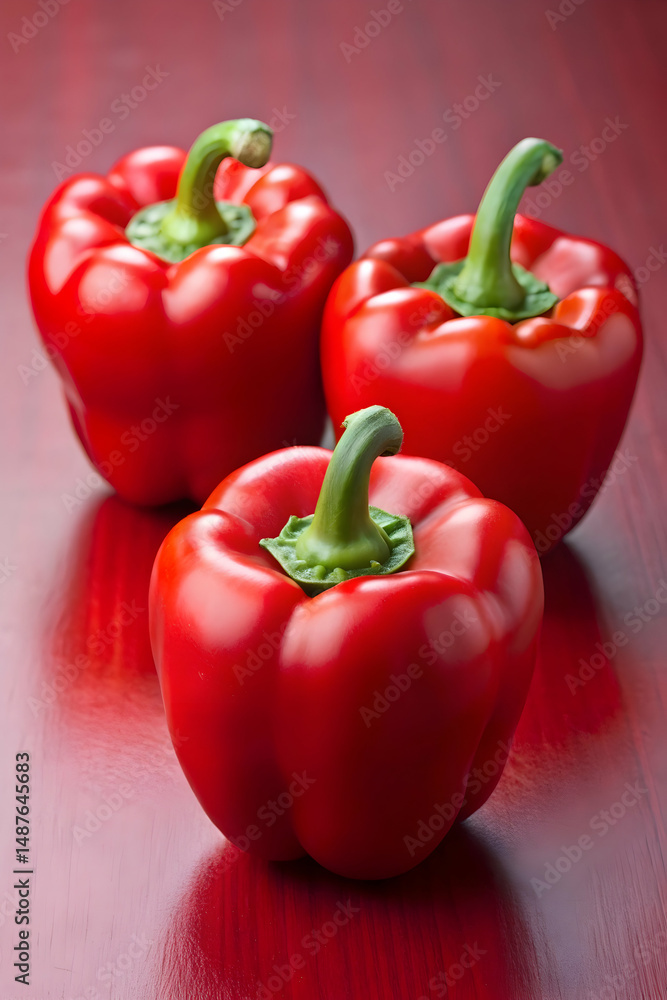 Three red bell peppers placed on a vibrant red surface for a bold visual composition Three red bell peppers placed on a vibrant red surface for a bold visual composition