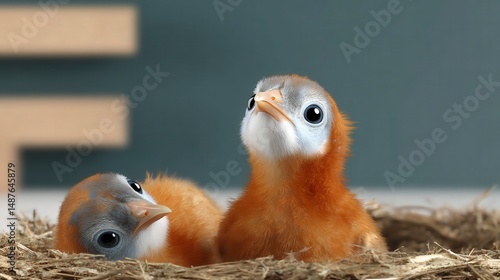 Curious orange chick duo in a warm earthy nest.