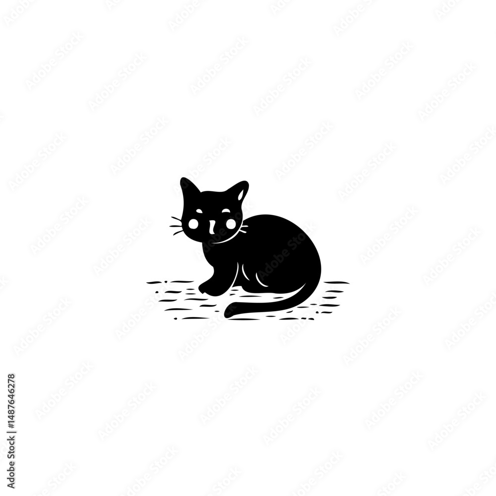 Fototapeta premium Minimalist feline illustration with a stylized black cat on plain background