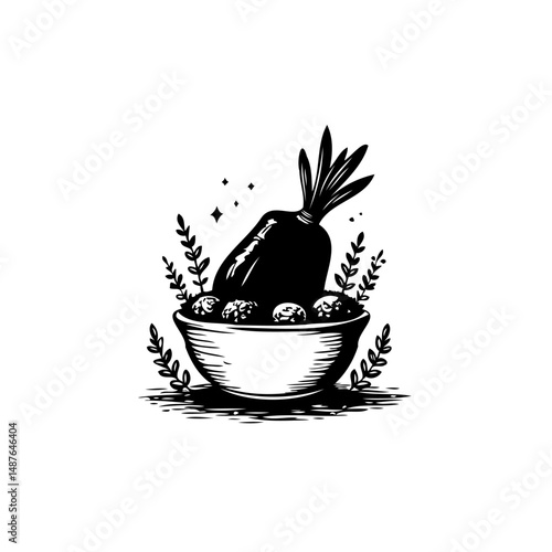 Monochrome depiction of a carrot with leafy greens in a bowl arrangement