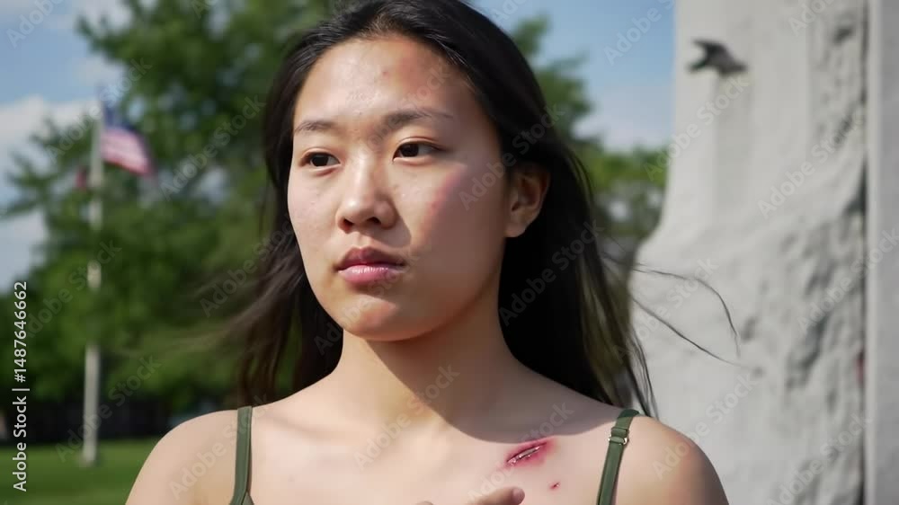 Young woman in a park, gently touching her shoulder, with a monument and trees in the background - gunshot wound scar Young woman in a park, gently touching her shoulder, with a monument and trees in the background - gunshot wound scar