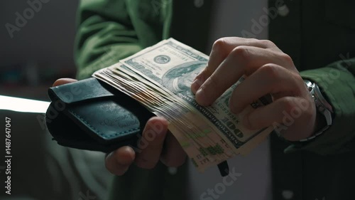 A businessman takes out dollars from his wallet in a dark room.
A man is counting cash that is in his wallet.
Financial director and a lot of money in his wallet