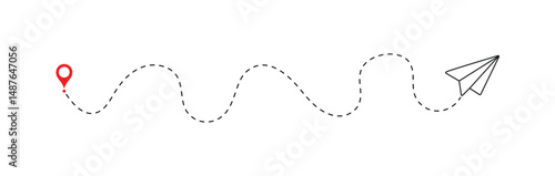 paper plane with dotted line trail trace icon, Vector paper airplane