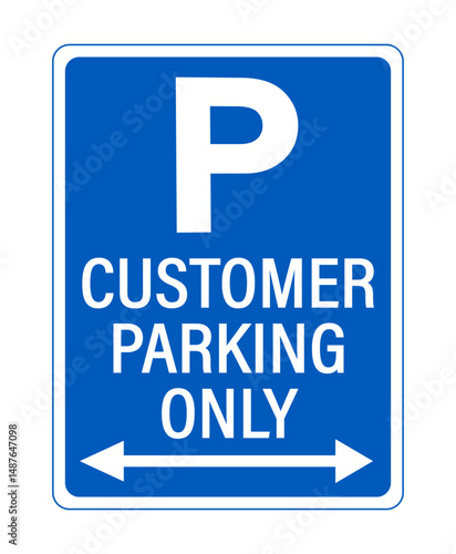 Customer parking only. Information sign with P symbol , text and bidirectional arrow below. Horizontal shape. blue background.