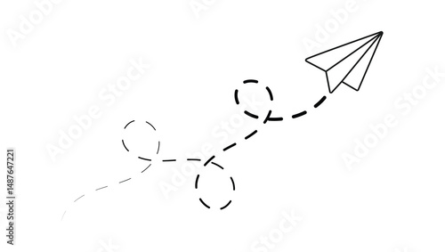 paper plane with dotted line trail trace icon, Vector paper airplane