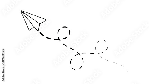 paper plane with dotted line trail trace icon, Vector paper airplane