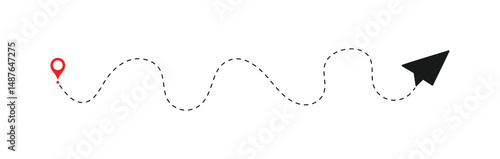 paper plane with dotted line trail trace icon, Vector paper airplane